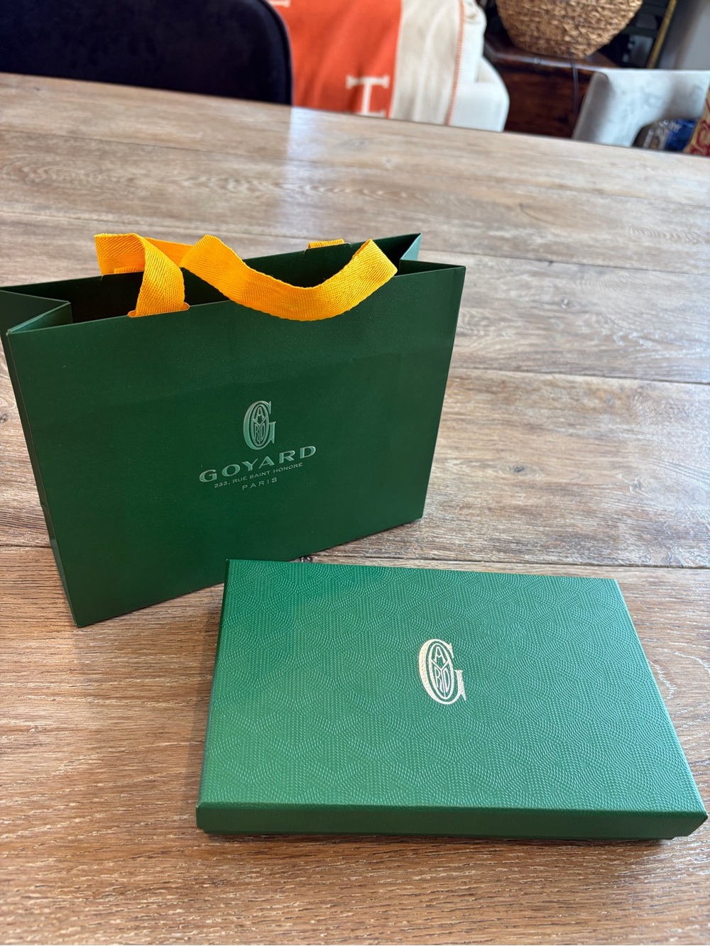 Goyard Green Gift Bag and Box with Yellow Handles
